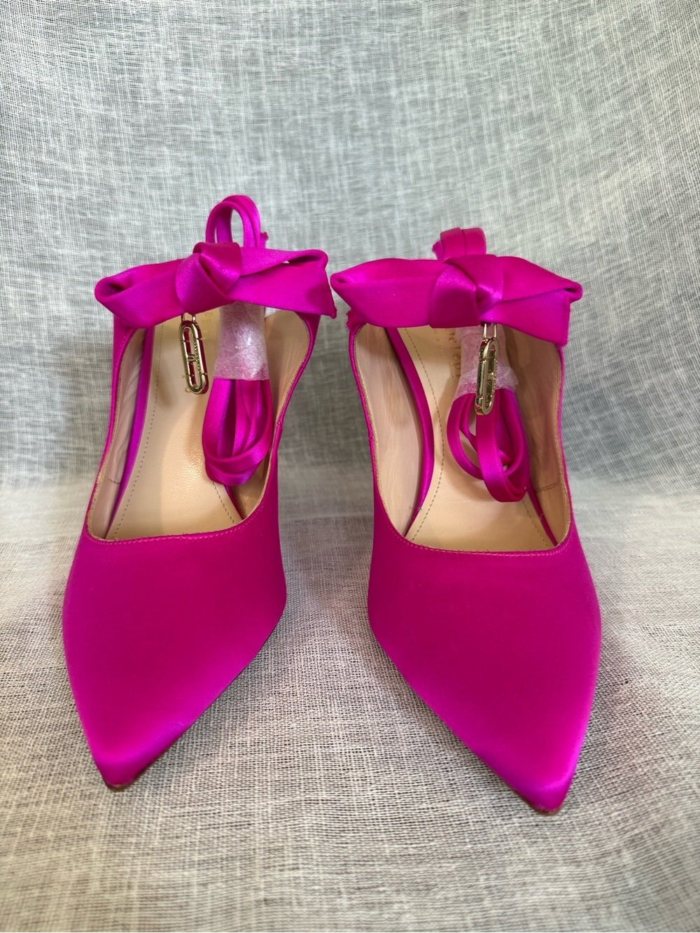 Dee Ocleppo Dominic Pink Satin Pointed Toe Stiletto w/Bow & Ankle Tie  EU 39.5